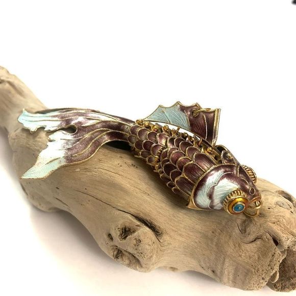 Pendentif Vintage Poisson Koi En émail Cloisonné Guilloché - Bleu Violet, Articulé, Occasion